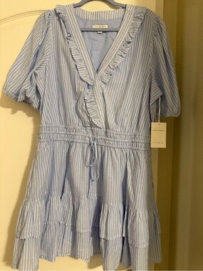 Ruffle-Trim Blue Stripe women’s Dress with Drawstring Waist XL